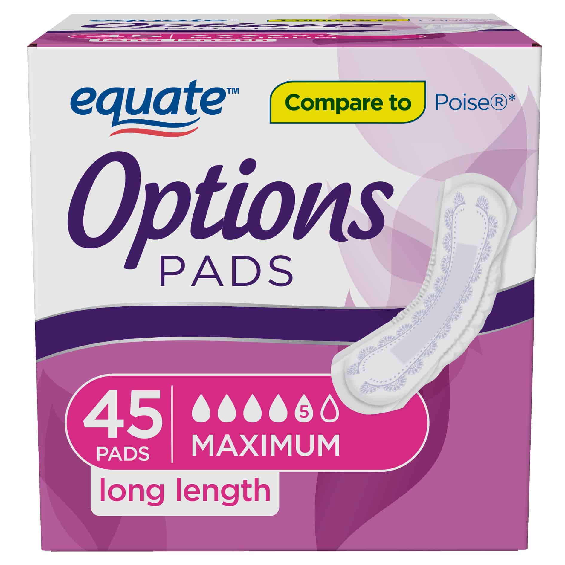 Equate Options Incontinence Pads for Women, Maximum, Long, 45 Count ...